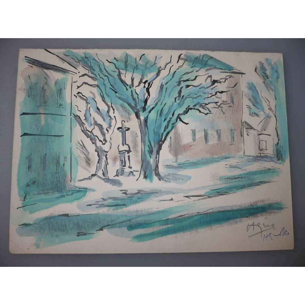Václav Hejna (1914 - 1985) - Kříž mezi stromy - kresba a akvarel cca 1936, grafika, signováno