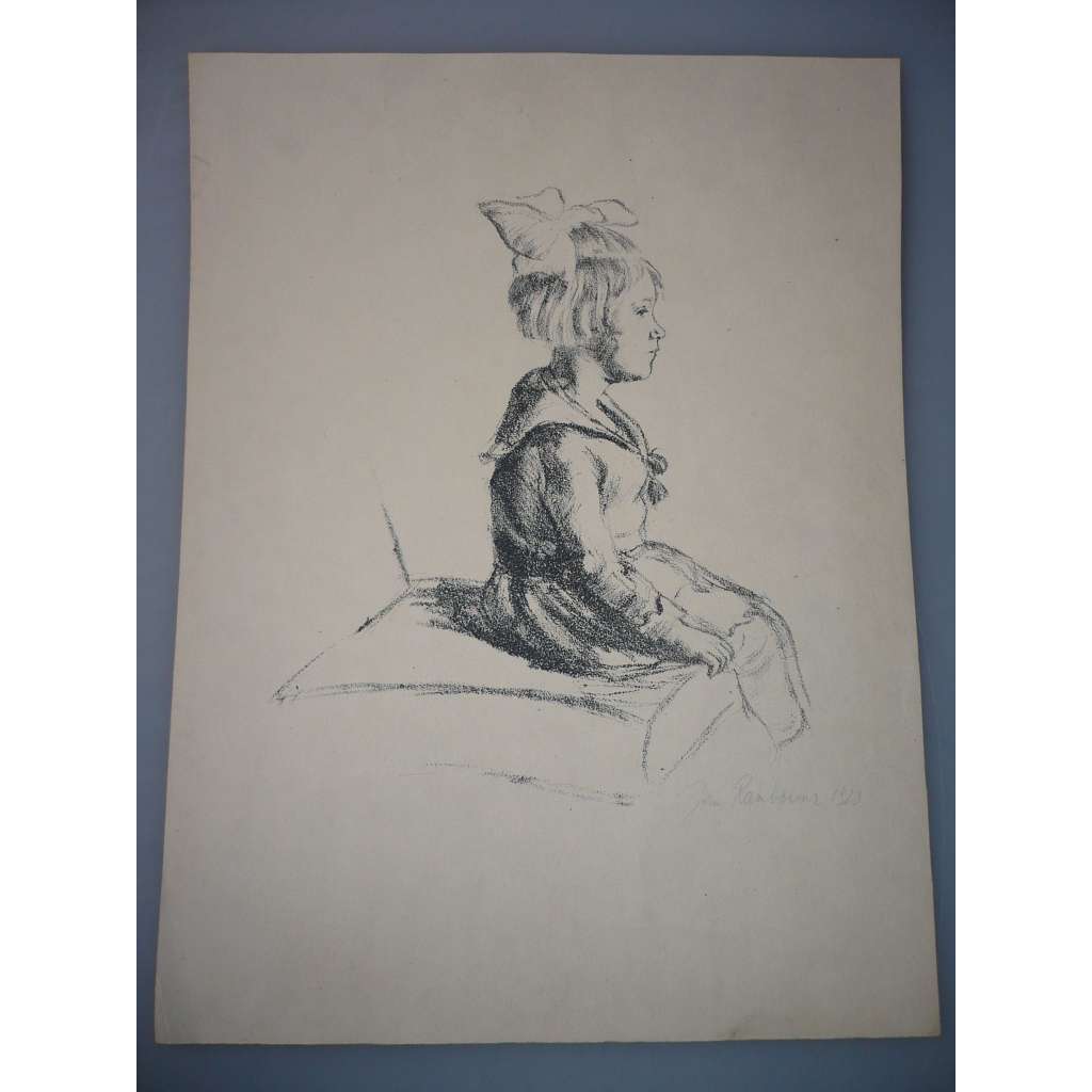 Jan Rambousek (1875 - 1976) - Dívka s mašlí - litografie 1923, grafika, signováno