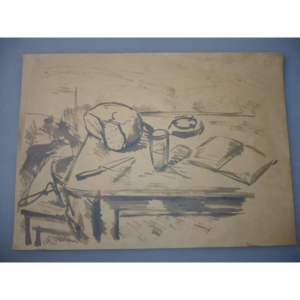 Václav Hejna (1914 - 1985) - Zátiší s chlebem - akvarel 1939, grafika, signováno