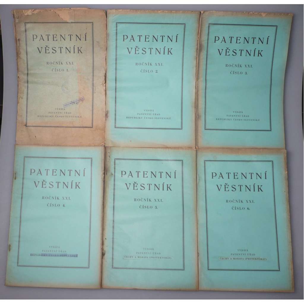 Patentní věstník. Ročník XXI. Číslo 1-12. Rok 1939 (patenty, patentové zákony) [12 sešitů]