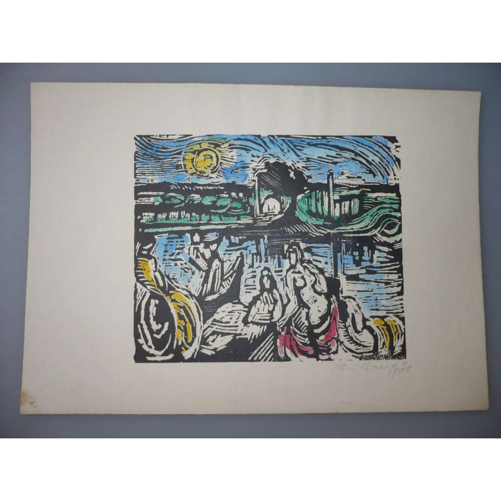 Jan Bauch (1898 - 1985) - Říční lázně - kolorovaný dřevoryt, grafika, signováno