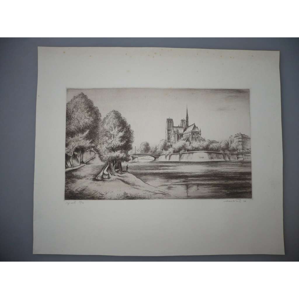 Viktor Vorlíček (1909 - 1976) - Paříž, Notre Dame - lept 1942, grafika, signováno