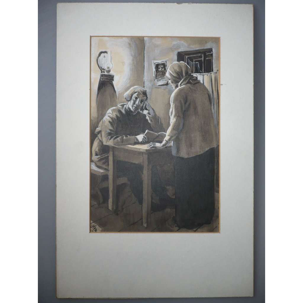Vladimír Alexandr Hrstka (1890 - 1954) - Alois Jirásek - U nás - ilustrační kresba - kvaš, grafika, signováno
