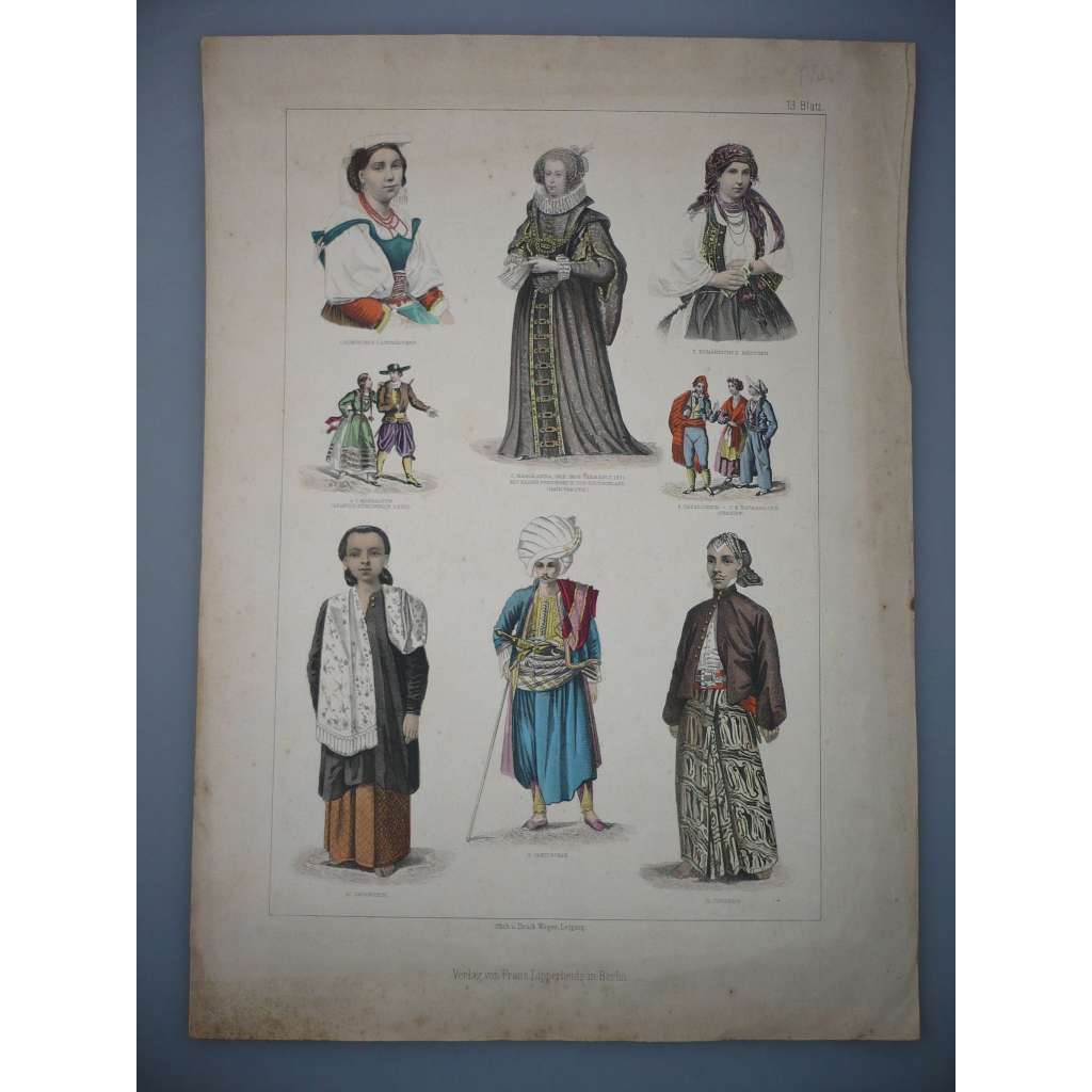 Móda - ukázky krojů a oblečení [kroje] - kolorovaná litografie cca 1890, grafika, nesignováno