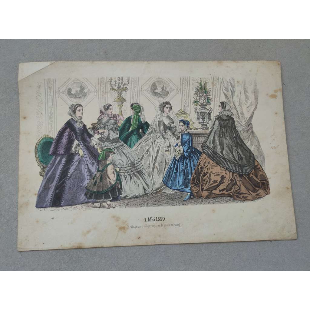 Biedermeier - Móda 1859 - kolorovaná litografie, grafika, nesignováno