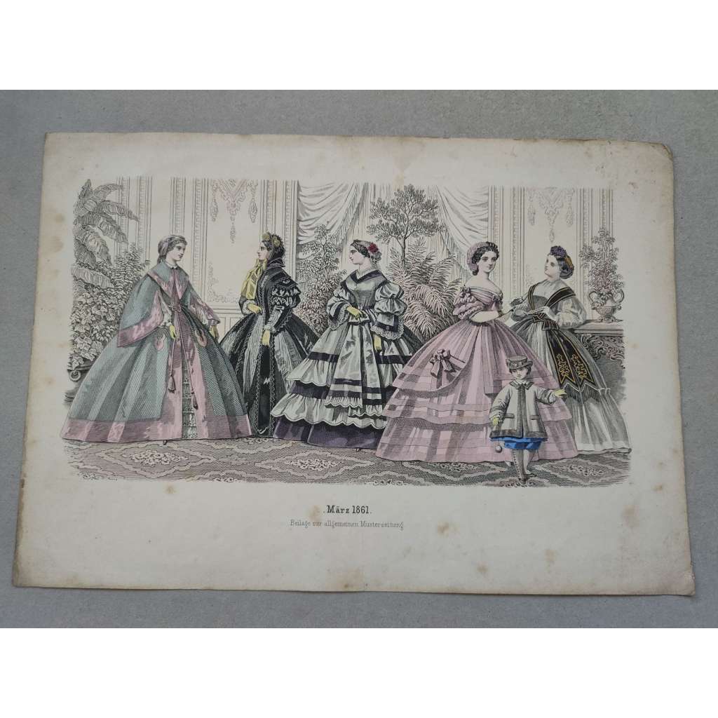 Biedermeier - Móda ženy, děti 1861 - kolorovaná litografie, grafika, nesignováno