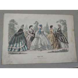 Biedermeier - Móda ženy 1861- kolorovaná litografie, grafika, nesignováno