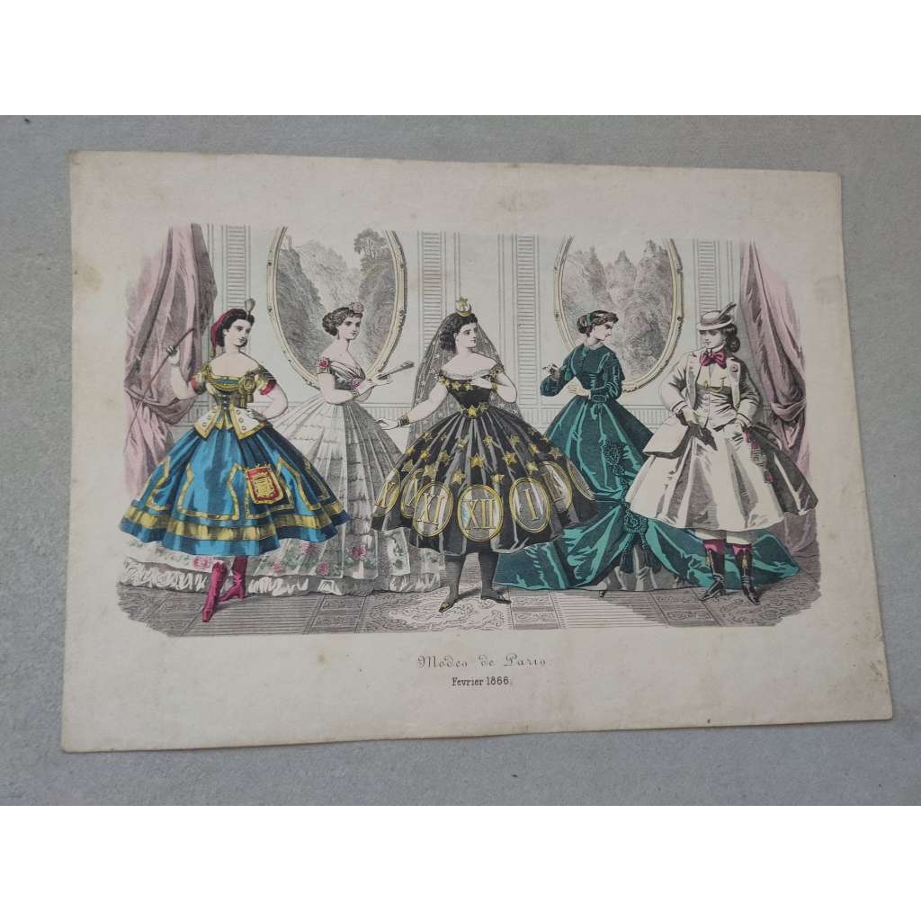 Biedermeier - Móda ženy 1866, Paříž - kolorovaná litografie, grafika, nesignováno