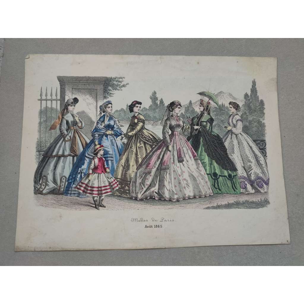 Biedermeier - Móda ženy, děti 1866 - kolorovaná litografie, grafika, nesignováno