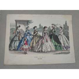 Biedermeier - Móda ženy, děti 1866 - kolorovaná litografie, grafika, nesignováno
