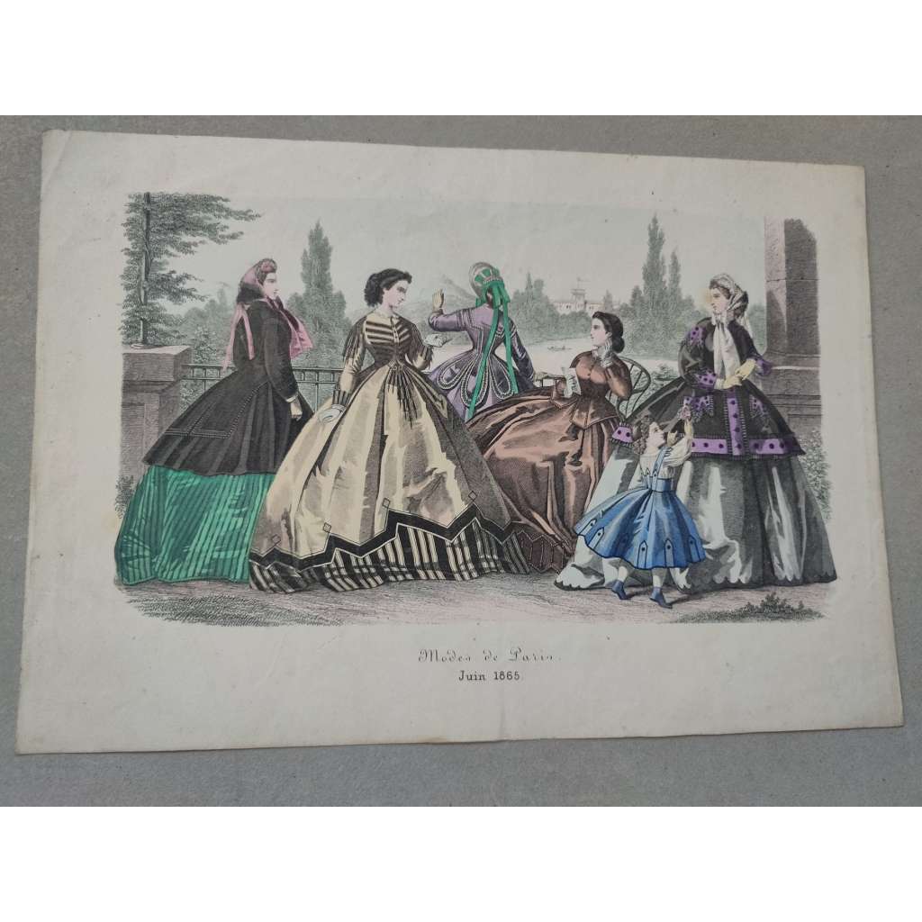 Biedermeier - Móda ženy, děti 1865, Paříž - kolorovaná litografie, grafika, nesignováno