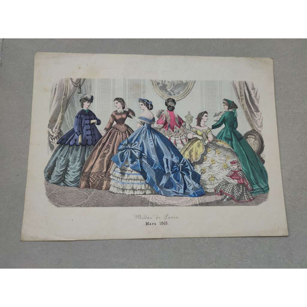 Biedermeier - Móda ženy, Paříž 1865 - kolorovaná litografie, grafika, nesignováno