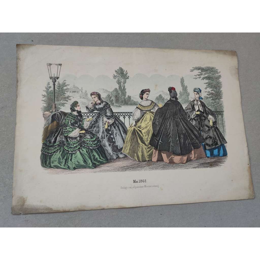 Biedermeier - Móda ženy 1862 - kolorovaná litografie, grafika, nesignováno