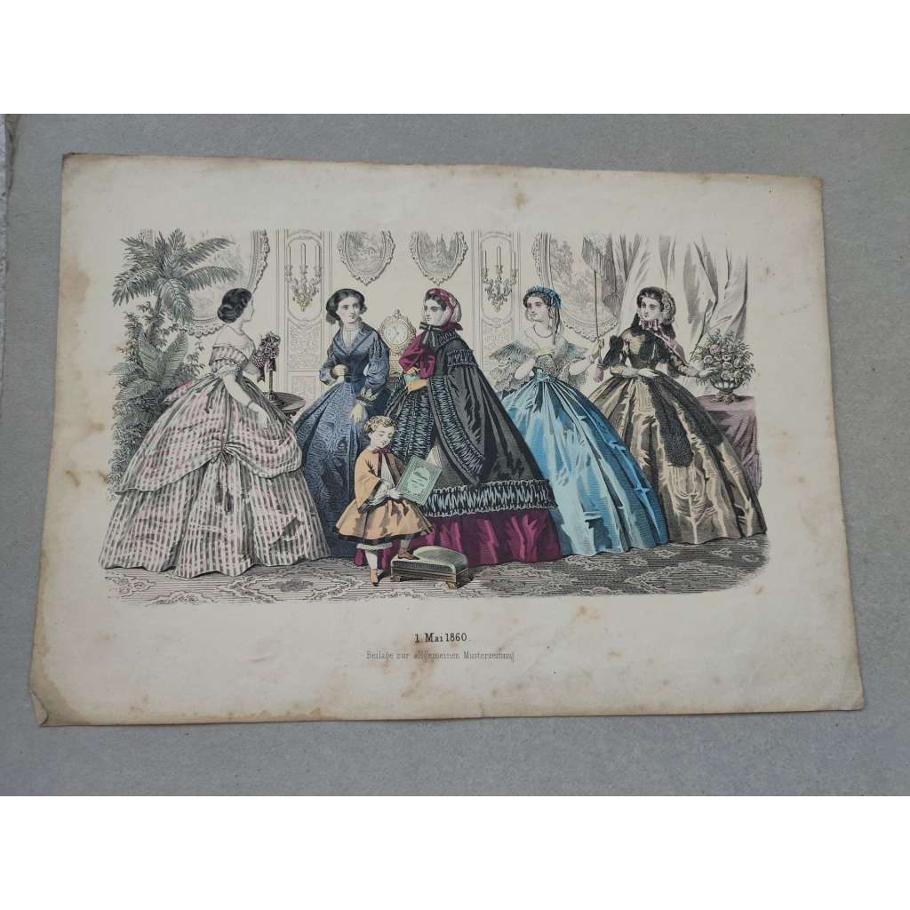 Biedermeier - Móda ženy, děti 1860- kolorovaná litografie, grafika, nesignováno