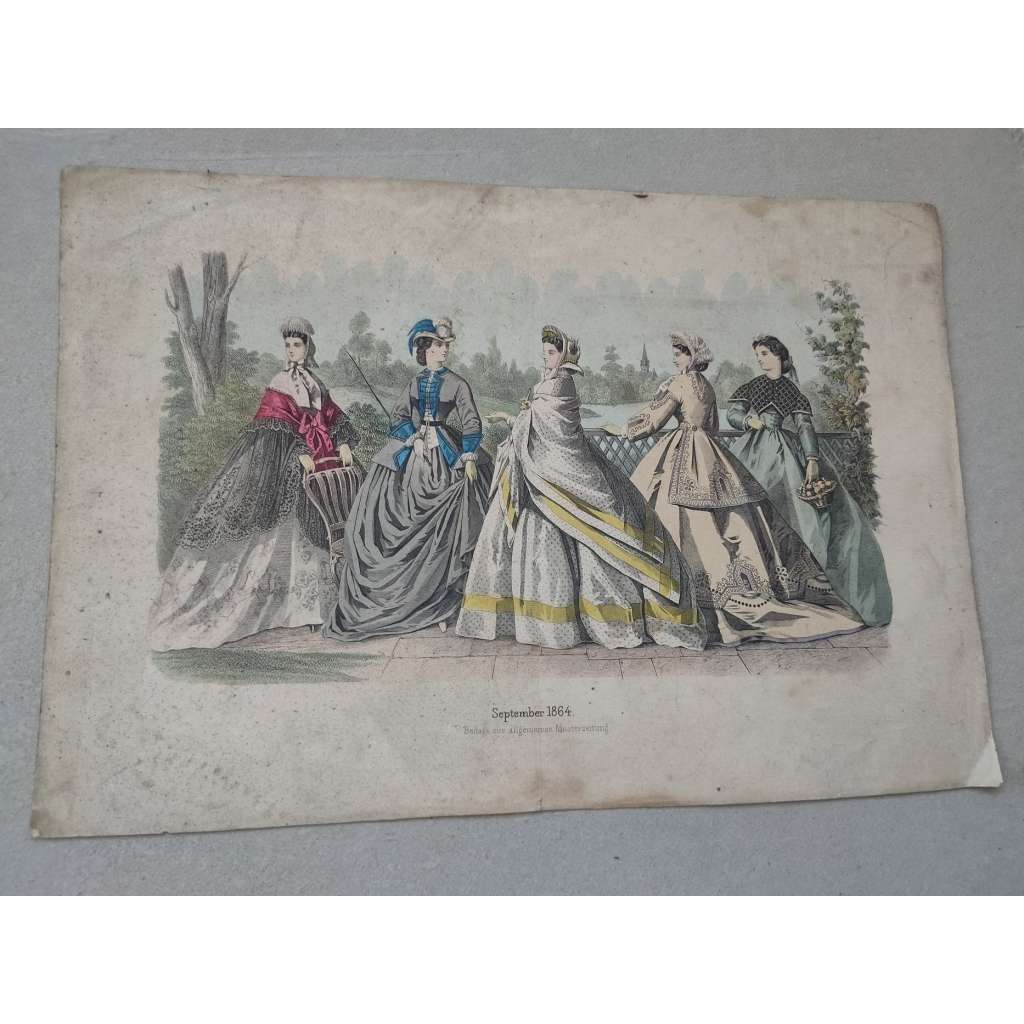 Biedermeier - Móda ženy 1864 - kolorovaná litografie, grafika, nesignováno