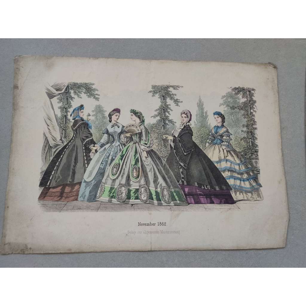 Biedermeier - Móda ženy 1862 - kolorovaná litografie, grafika, nesignováno