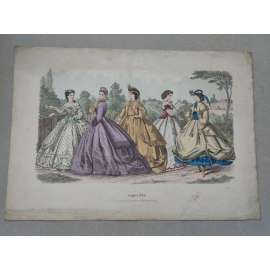 Biedermeier - Móda ženy 1864 - kolorovaná litografie, grafika, nesignováno