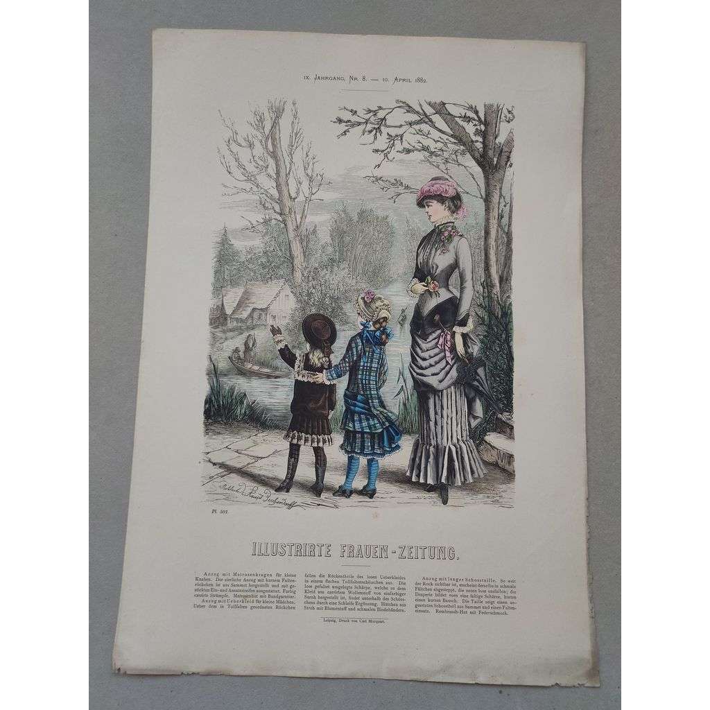 Biedermeier 1882 [móda, oblečení, ženy, děti] - kolorovaná litografie cca 1850, grafika, nesignováno