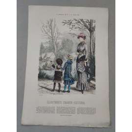 Biedermeier 1882 [móda, oblečení, ženy, děti] - kolorovaná litografie cca 1850, grafika, nesignováno