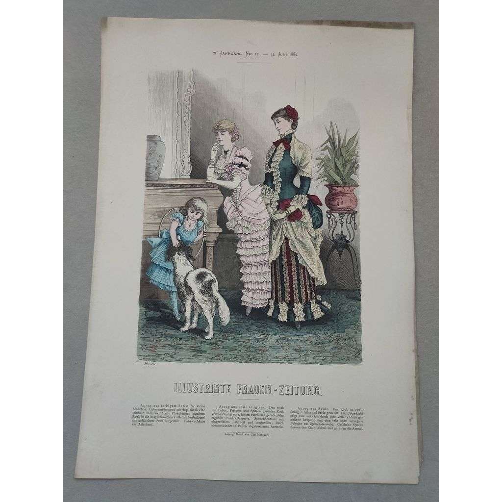 Biedermeier 1882 [móda, oblečení, ženy, děti, pes] - kolorovaná litografie cca 1850, grafika, nesignováno