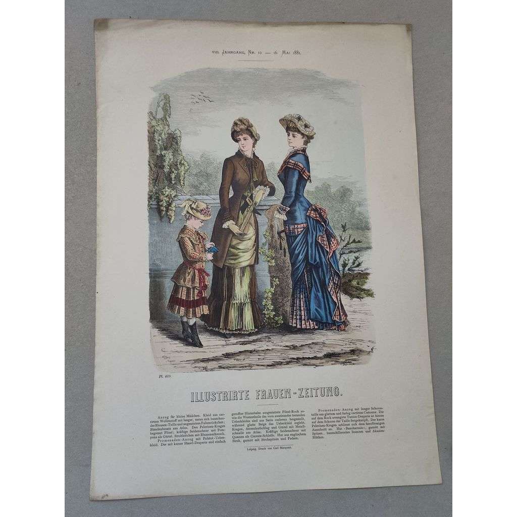 Biedermeier 1881 [móda, oblečení, ženy, děti] - kolorovaná litografie cca 1850, grafika, nesignováno