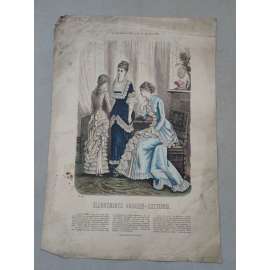 Biedermeier 1880 [móda, oblečení, ženy] - kolorovaná litografie cca 1850, grafika, nesignováno