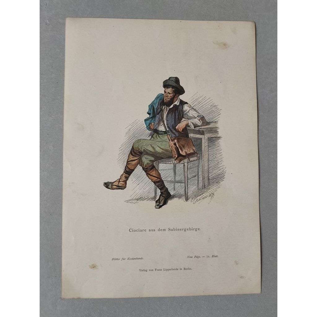 Tovaryš ze Sabinských hor, Itálie (Sabinské hory) - kroje, móda, národopis - kolorovaná litografie cca 1880, grafika, nesignováno
