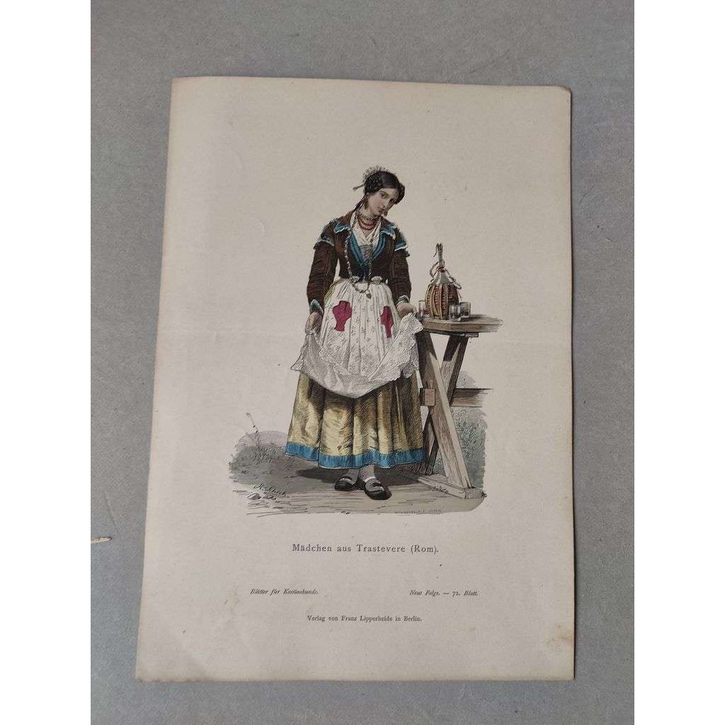 Děvče z Říma (Řím, Itálie) - kroje, móda, národopis - kolorovaná litografie cca 1880, grafika, nesignováno