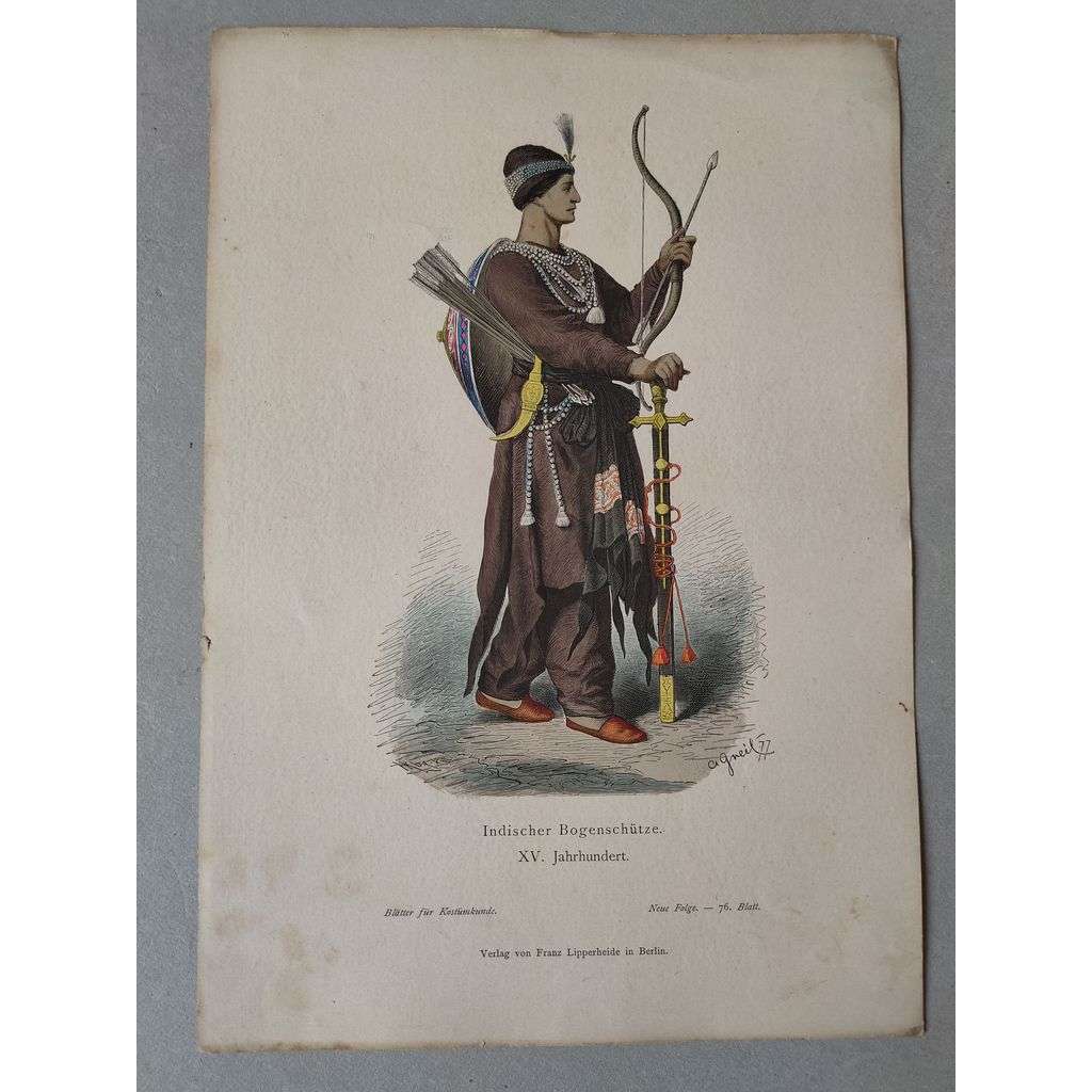 Indický lukostřelec 15. století  - kroje, móda, národopis - kolorovaná litografie cca 1880, grafika, nesignováno