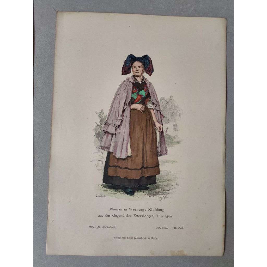 Farmářka ve všedním kroji, oblast Ettersberg - kroje, móda, národopis - kolorovaná litografie cca 1880, grafika, nesignováno