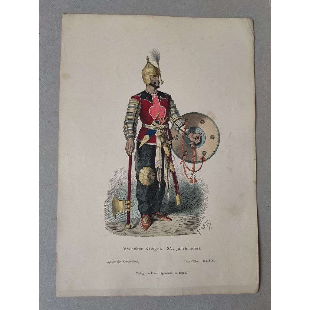 Perský voják 15. století - kroje, móda, národopis - kolorovaná litografie cca 1880, grafika, nesignováno