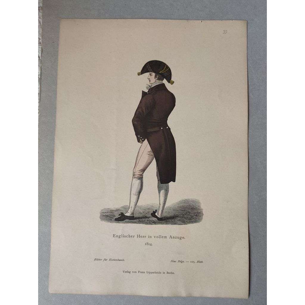 Anglický gentleman v kompletním obleku 1814 - kroje, móda, národopis - kolorovaná litografie cca 1880, grafika, nesignováno