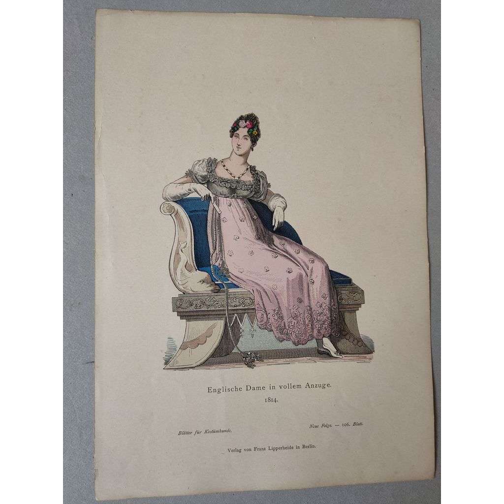 Anglická dáma v odpoledních šatech 1814 - kroje, móda, národopis - kolorovaná litografie cca 1880, grafika, nesignováno