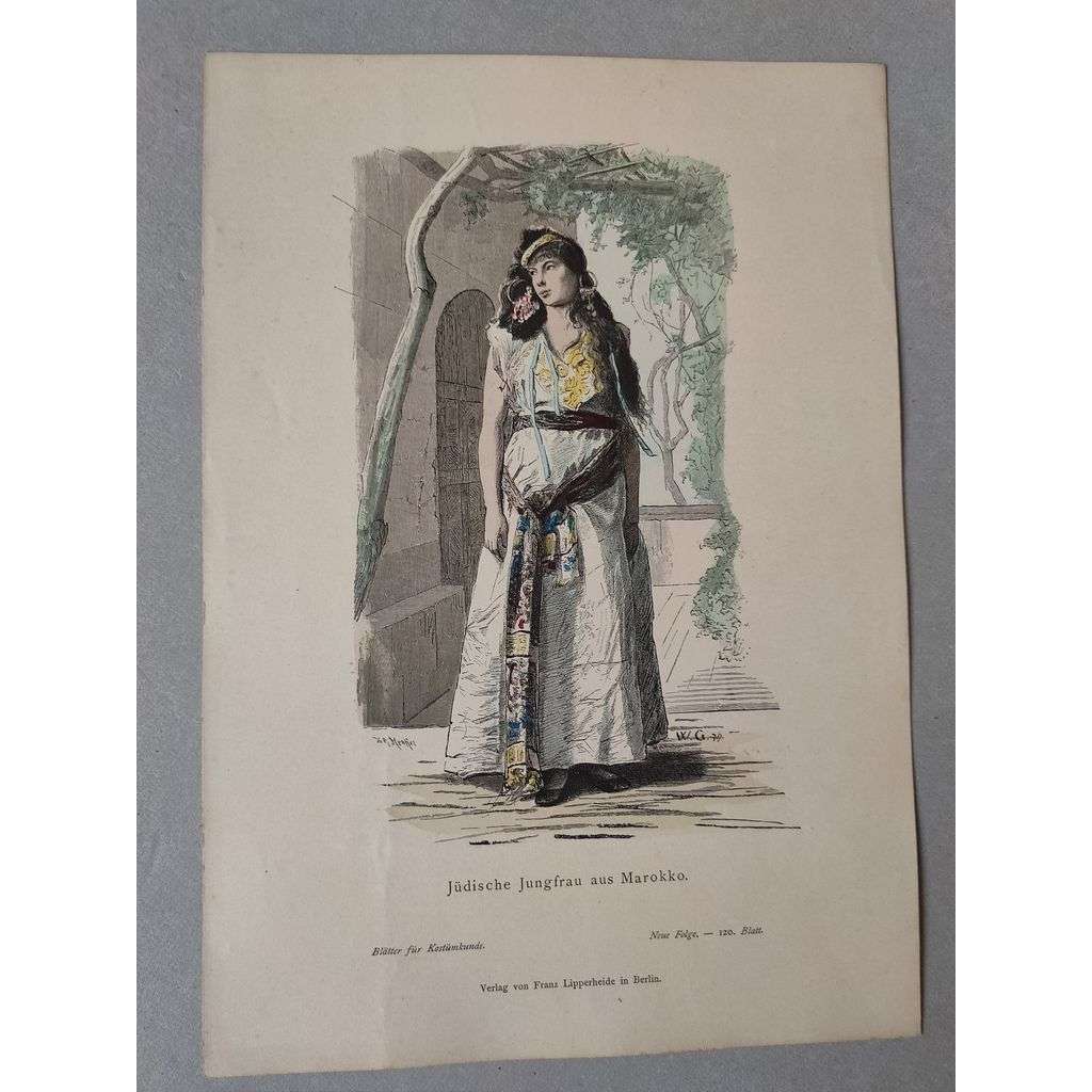 Mladá židovka, Maroko - kroje, móda, národopis - kolorovaná litografie cca 1880, grafika, nesignováno
