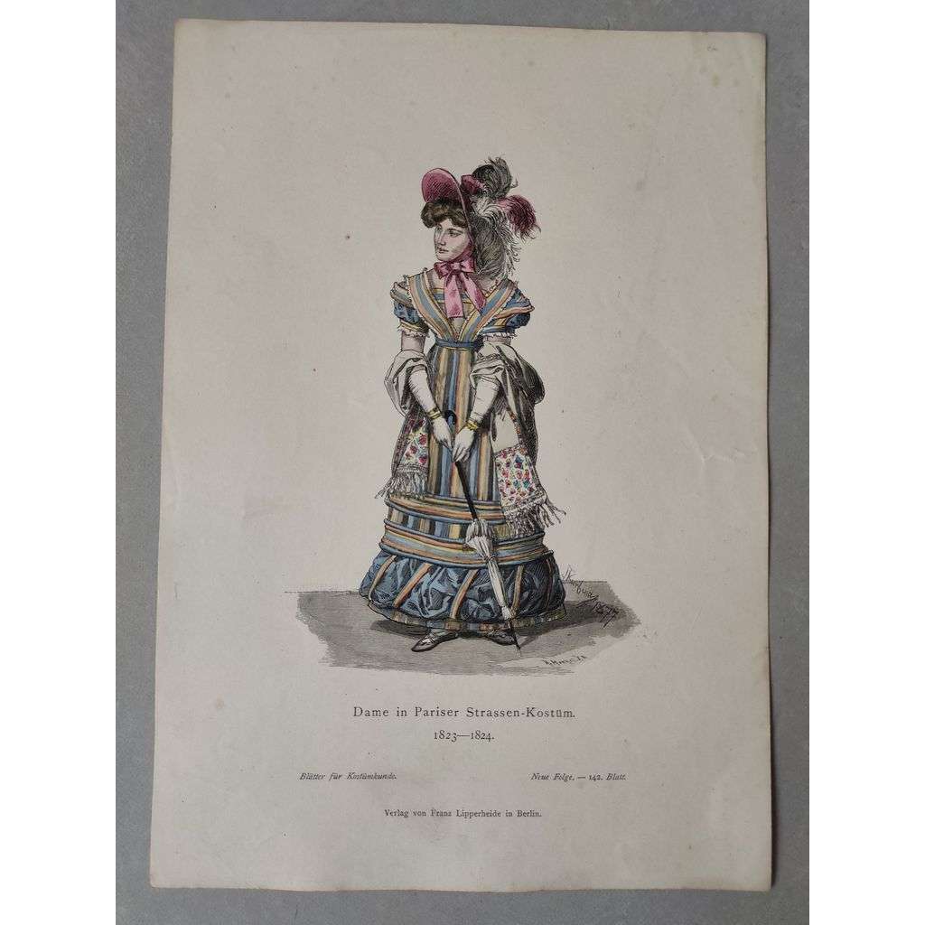 Dáma ve vycházkovém oblečení, Paříž 1823 - 1824 - kroje, móda, národopis - kolorovaná litografie cca 1880, grafika, nesignováno