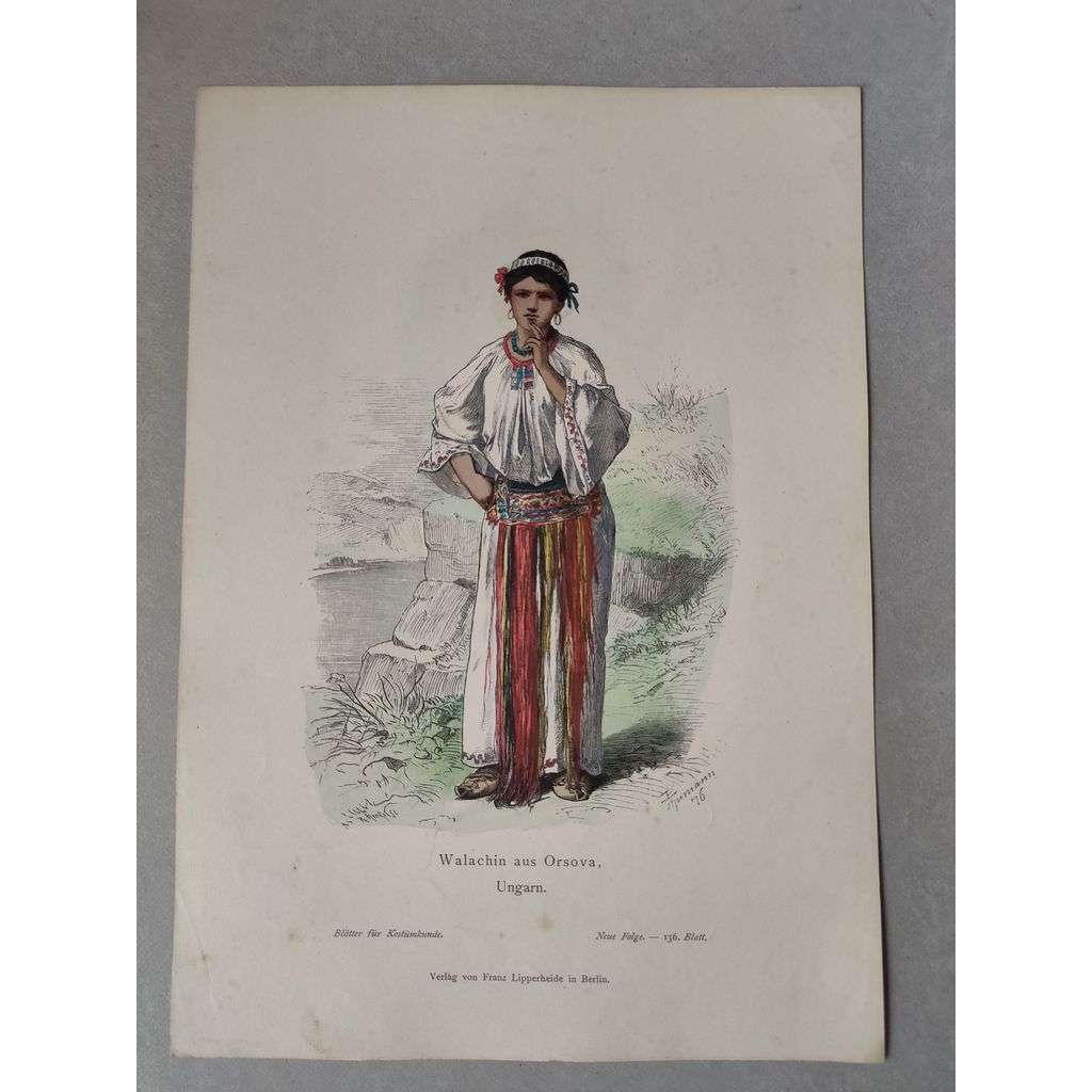 Valaška z Orsova, Maďarsko - kroje, móda, národopis - kolorovaná litografie cca 1880, grafika, nesignováno
