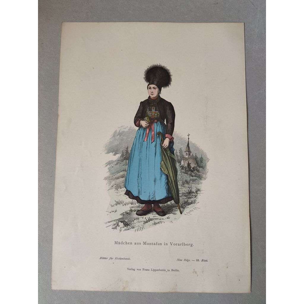 Dívka z Montafunu, Německo - kroje, móda, národopis - kolorovaná litografie cca 1880, grafika, nesignováno