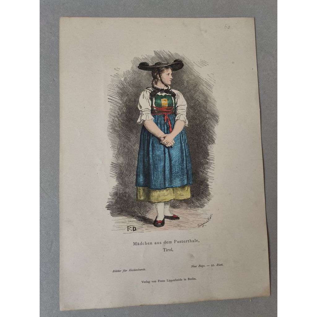 Dívka z Posterthale, Tyroly - kroje, móda, národopis - kolorovaná litografie cca 1880, grafika, nesignováno