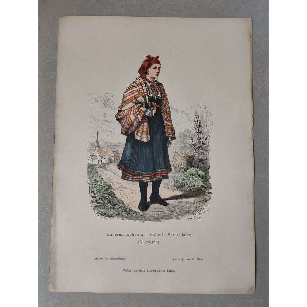 Farmářka z Valle v Satersdalen, Norsko - kroje, móda, národopis - kolorovaná litografie cca 1880, grafika, nesignováno