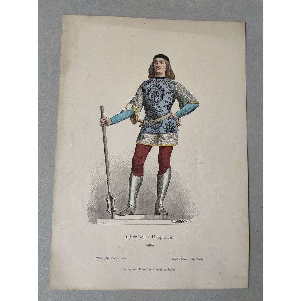 Italský kapitán cca 1490 - kroje, móda, národopis - kolorovaná litografie cca 1880, grafika, nesignováno