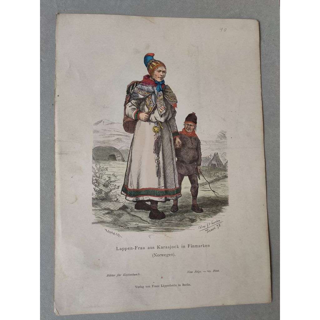 Laponka z Karasjock, Norsko - kroje, móda, národopis - kolorovaná litografie cca 1880, grafika, nesignováno