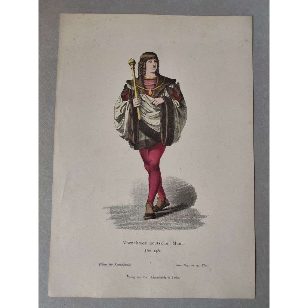 Urozený muž kolem 1480, Německo - kroje, móda, národopis - kolorovaná litografie cca 1880, grafika, nesignováno