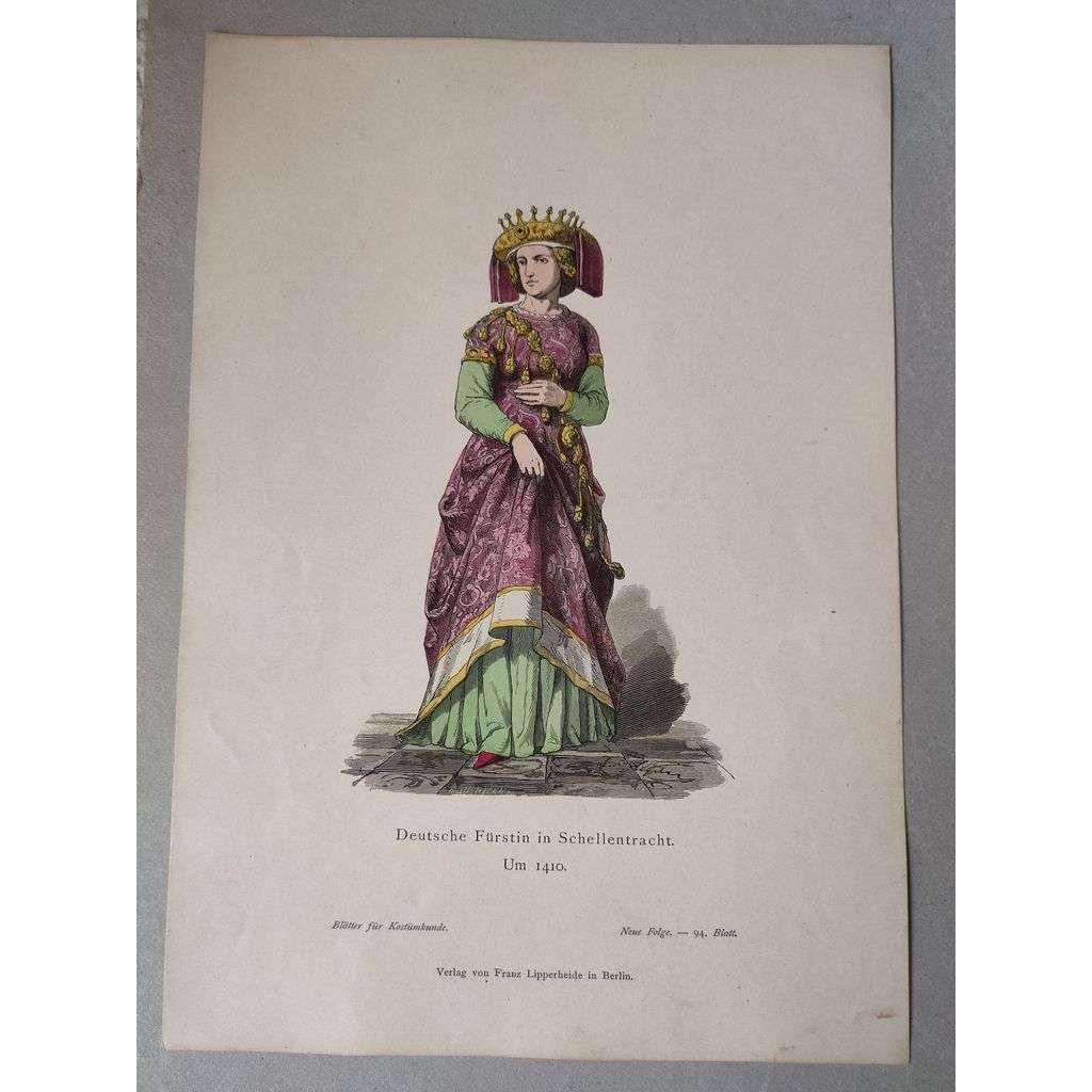 Princezna v kostýmu cca 1410 - kroje, móda, národopis - kolorovaná litografie cca 1880, grafika, nesignováno
