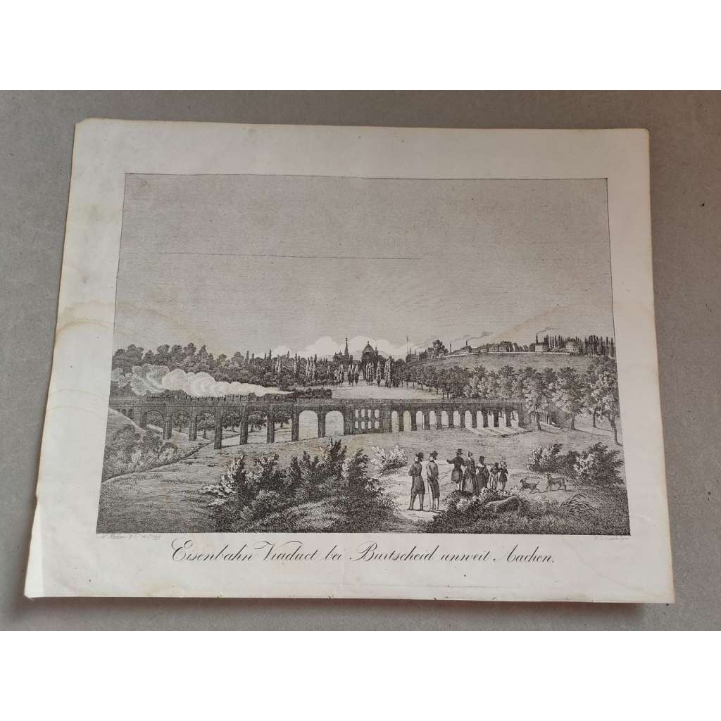 Železniční most u Aacheu, Německo -xylografie cca 1860, grafika, nesignováno
