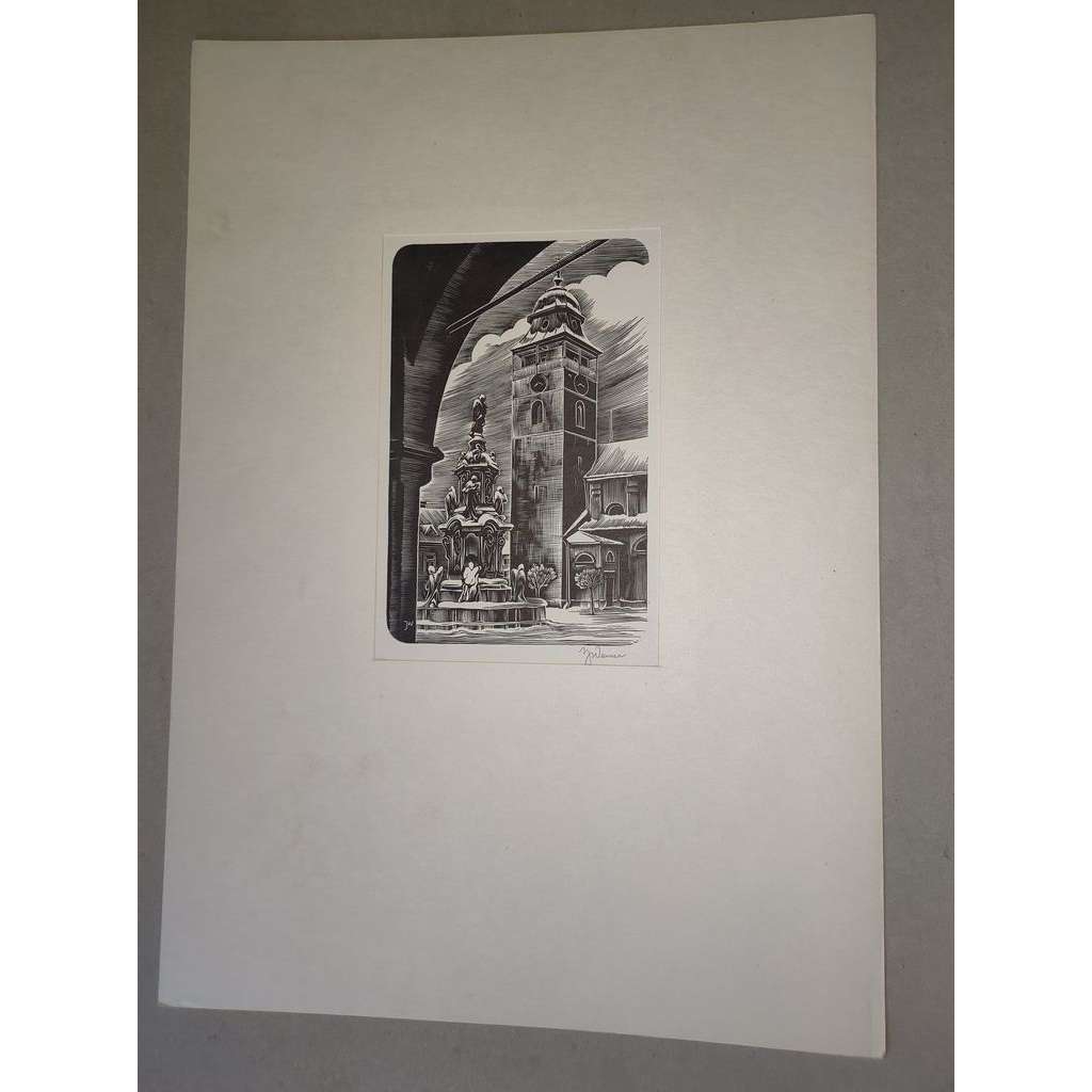 Josef Weiser (1914 - 1994) - Palackého náměstí v Počátkách ( Počátky)- linoryt, grafika, signováno