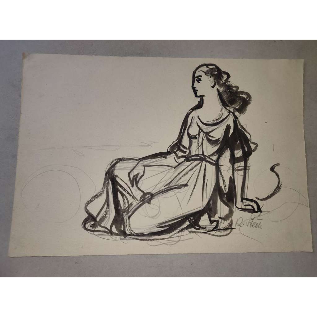 Karel Štěch (1908 - 198) - Sedící žena - kresba, akvarel, grafika, signováno
