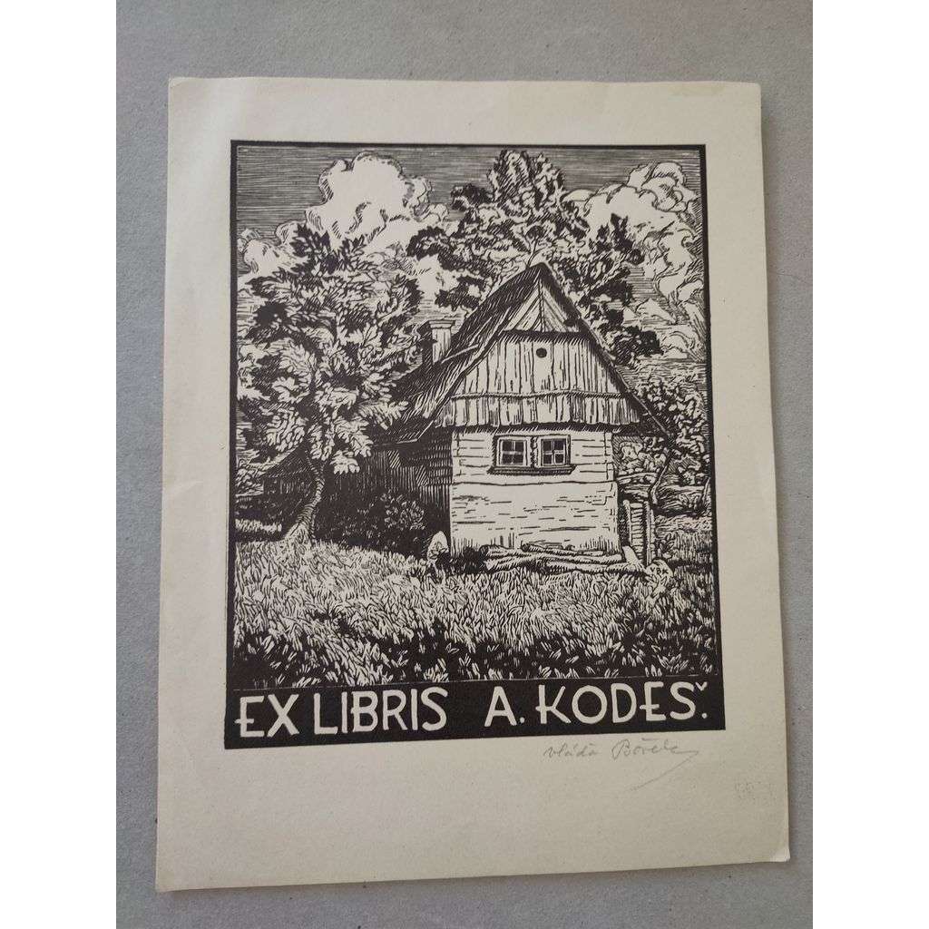 Vláďa Bořek - Antonín Kodeš EX LIBRIS - dřevoryt 1927, grafika, signováno