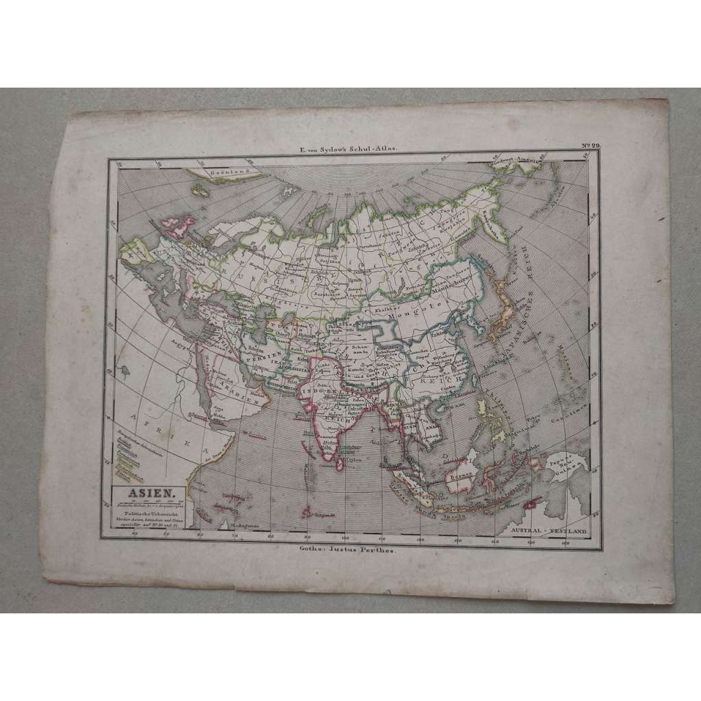 Asie - Indie, Rusko, Čína, Japonsko - list z atlasu Sydow Schul - vydal Justus Perthes-Gotha cca 1880