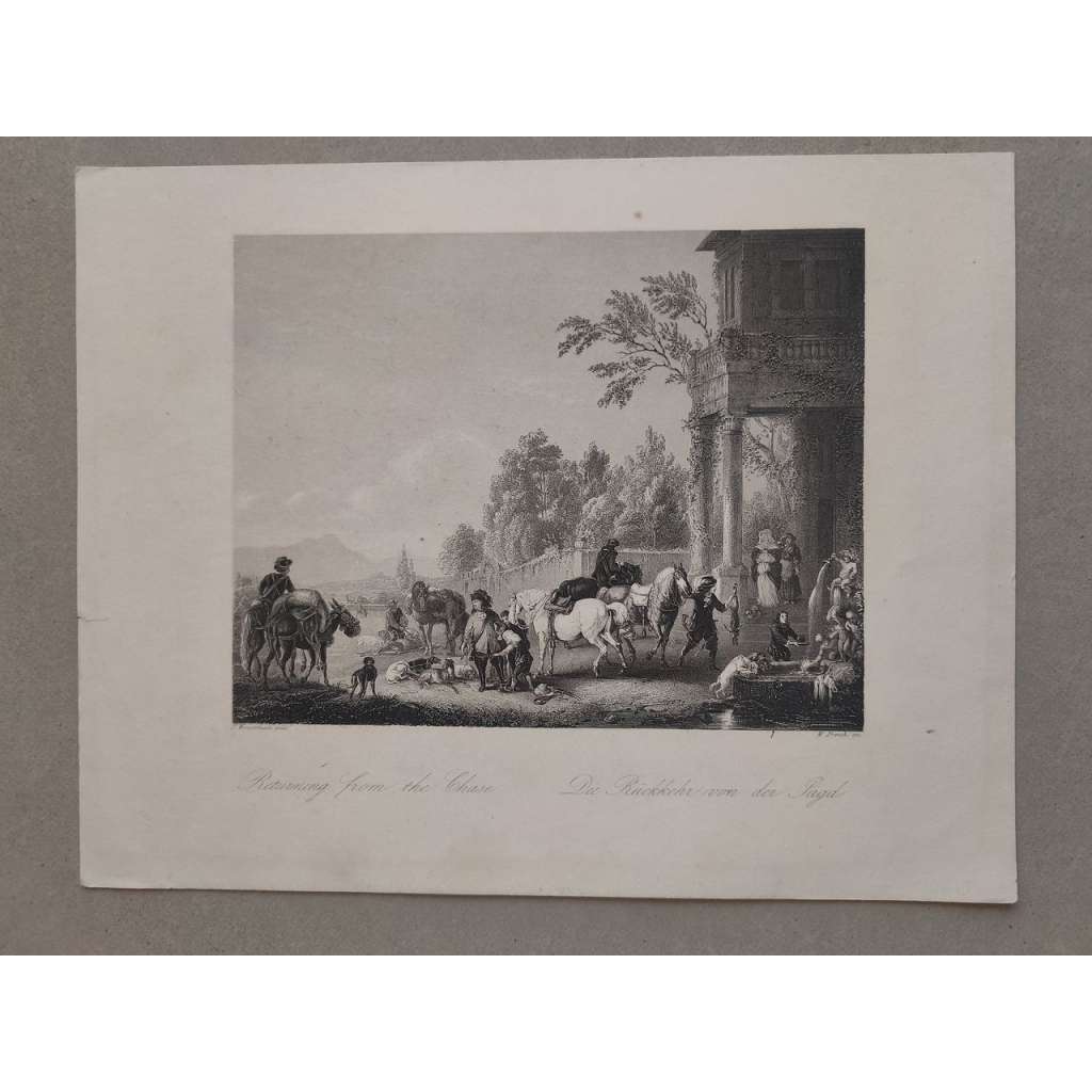 Návrat z lovu - oceloryt cca 1840, grafika, nesignováno (lov, myslivost)