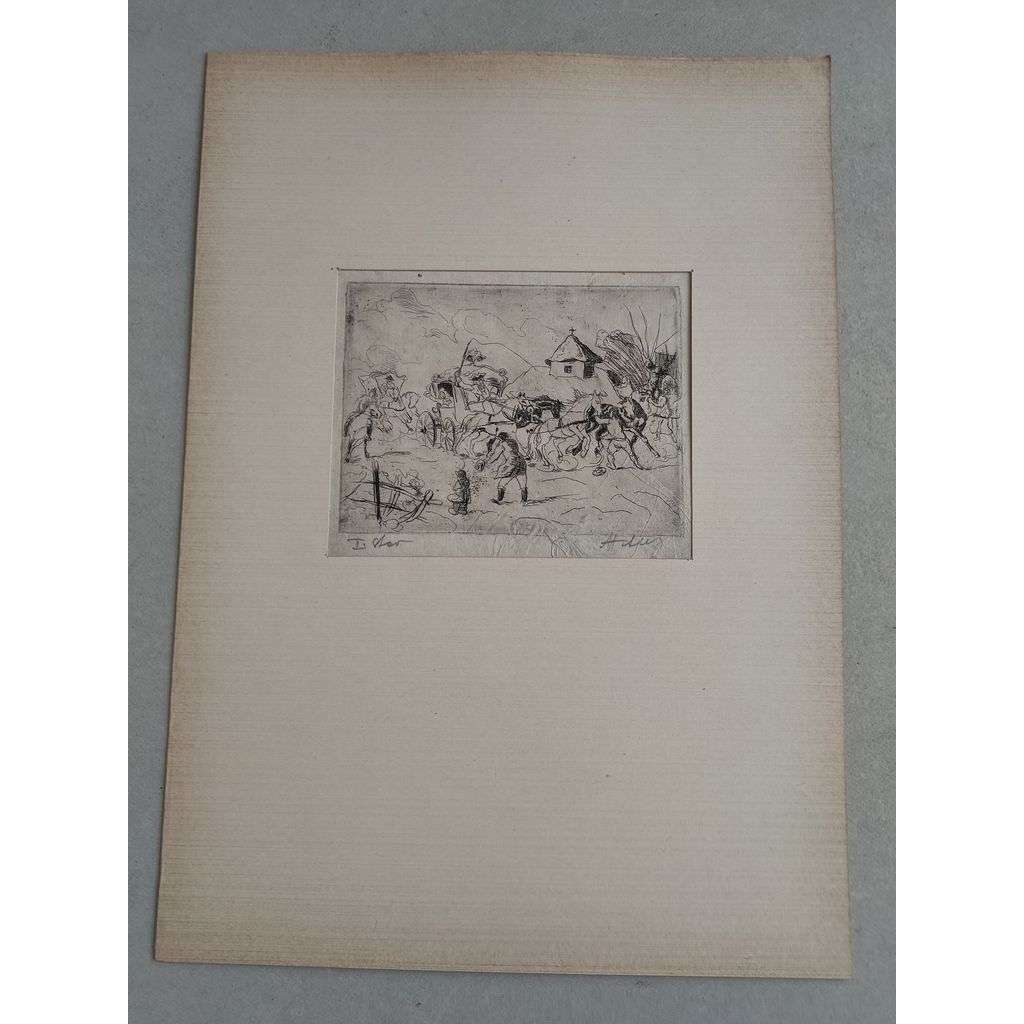 Adolf Alex Jelínek (1890 - 1957) - Splašené spřežení - lept, grafika, signováno